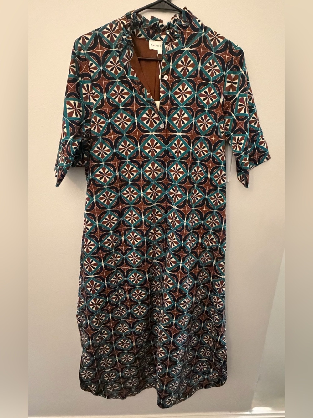 Entro brown and turquoise abstract print short sleeve dress